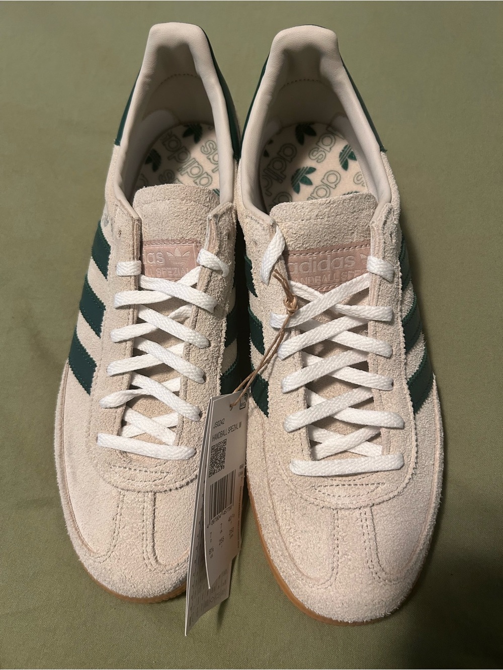 adidas Suede Sneakers in Off-White with Dark Green Stripes and Gum Sole - Picture 7 of 15